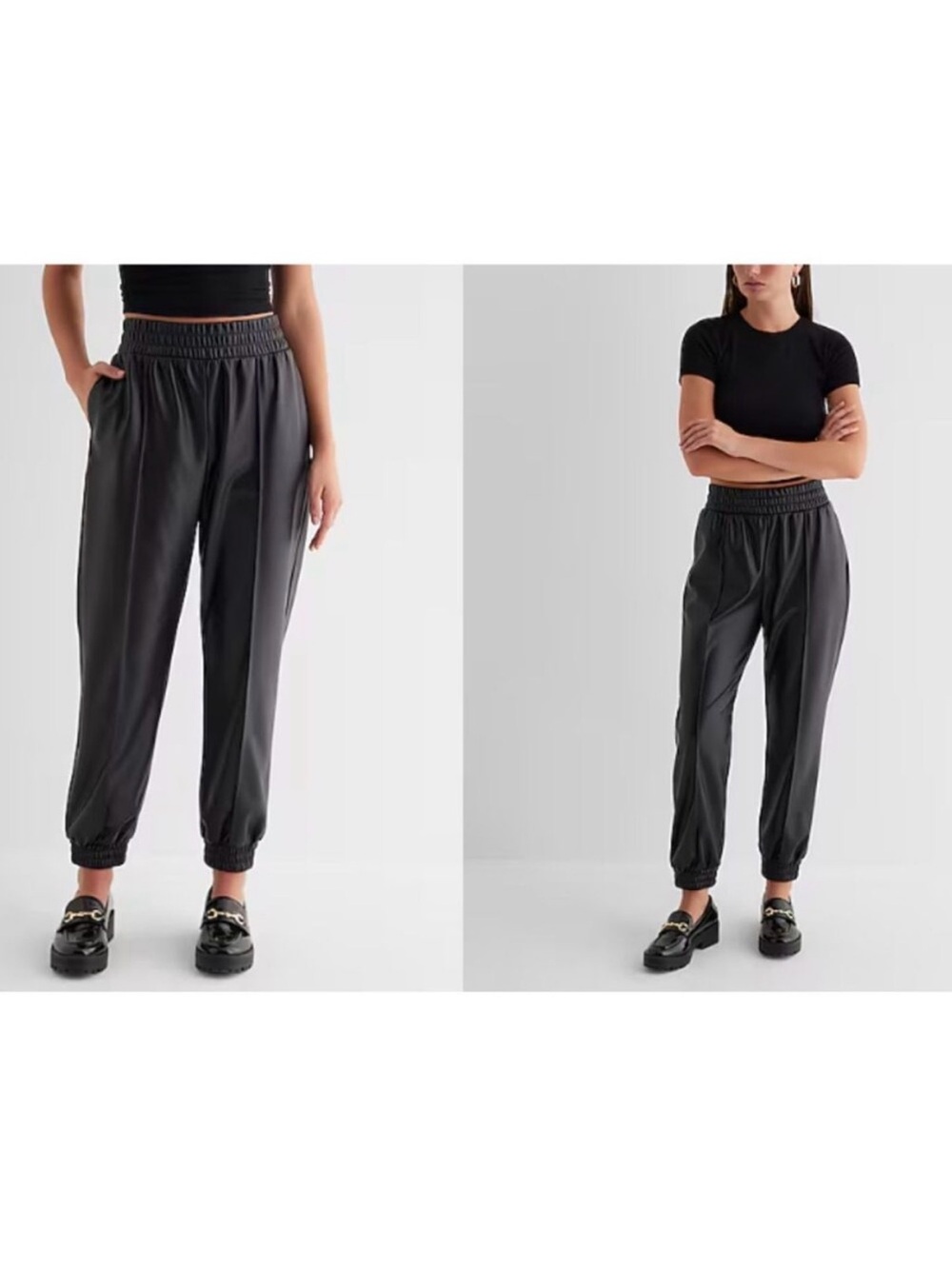 NWT Express Women Size XL High Waisted Faux Leather Seamed Joggers Black Pants